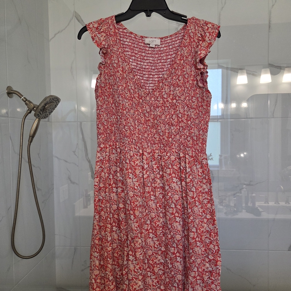 LOFT Red and White Textured Dress